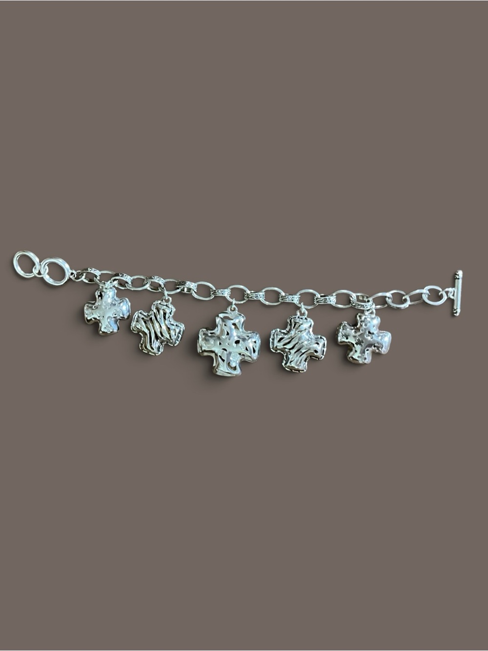 Silver Tone Cross Charm Bracelet 5 Puffy Crosses Rhinestones Toggle Clasp